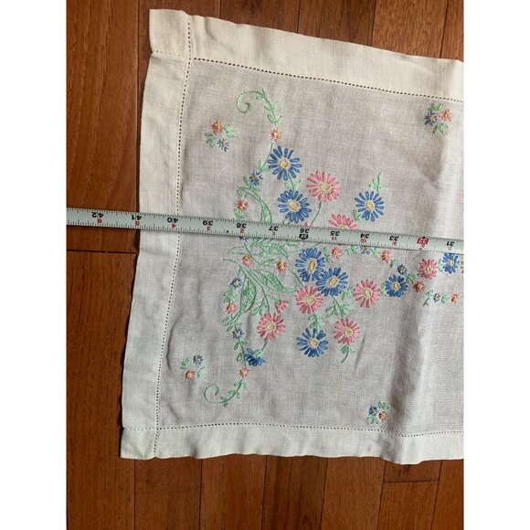 Vintage Floral Embroidered Linen Table Runner - 41" x 14.5" - Charming Handcraft - Picture 4 of 8